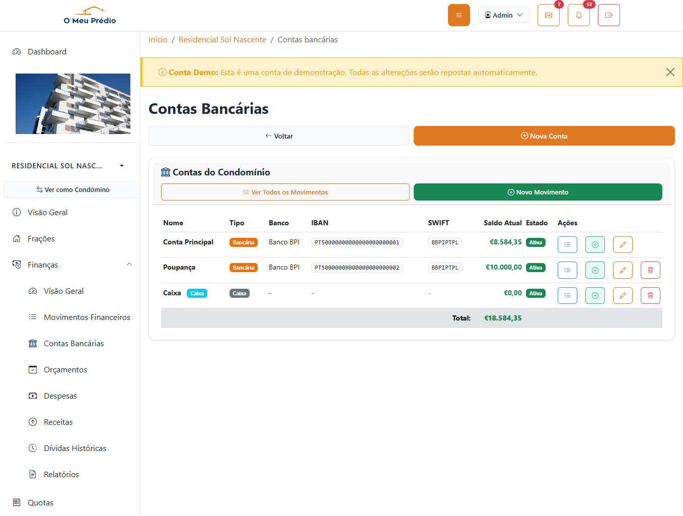 Contas Bancárias - Gestão de contas e movimentos